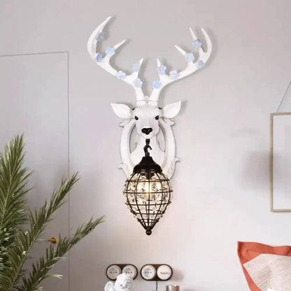Antique Bronze Deer Head Wall Lamp with Birds