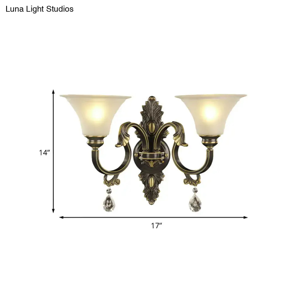 Bronze Crystal Warm Glow Wall Sconce, Decorbites, double-arm with frosted glass shades on Tampa Home & Garden Store