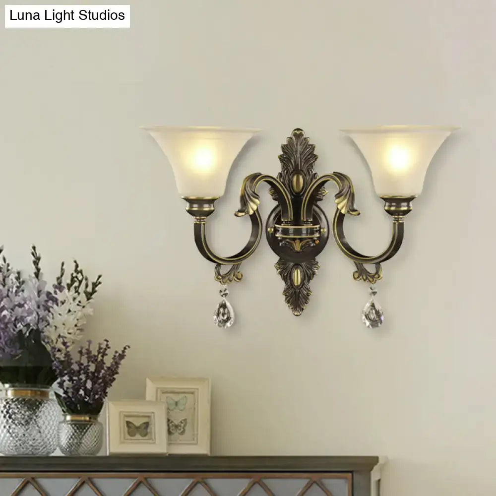 Bronze Crystal Warm Glow Wall Sconce by Decorbites 2-arm bronze with frosted shades and crystals on Tampa Home & Garden Store