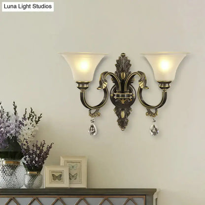 Bronze Crystal Warm Glow Wall Sconce by Decorbites 2-arm bronze with frosted shades and crystals on Tampa Home & Garden Store