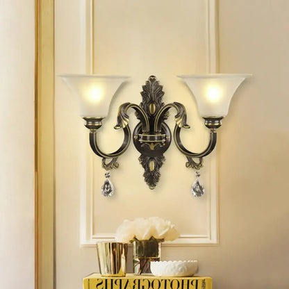 Bronze Crystal Warm Glow Wall Sconce with dual arms and frosted shades Decorbites on Tampa Home & Garden Store