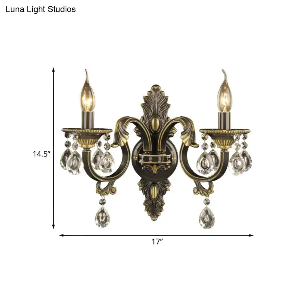 Bronze crystal Nordic wall sconce by Decorbites, two-arm ornate with hanging prisms on Tampa Home & Garden Store