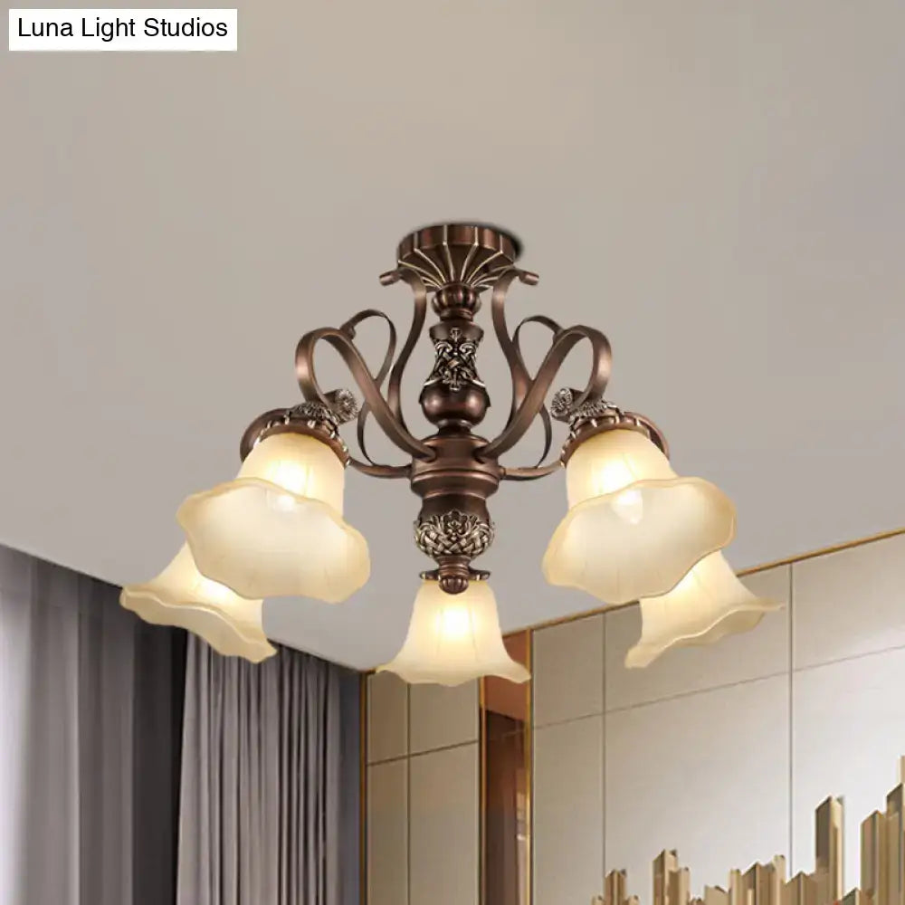 Bronze opal glass ceiling light by Decorbites with ornate detail and five flower shades on Tampa Home & Garden Store