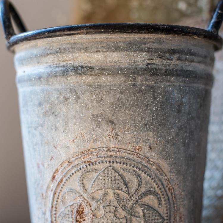 Antique floral carving iron flower pot in distressed gray with embossed pattern RusticReach on Tampa Home & Garden Store