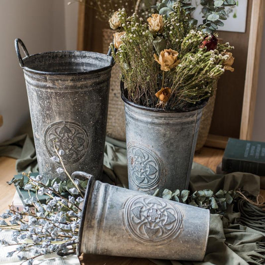 Antique floral carving iron flower pot trio in gray galvanized metal with medallions RusticReach on Tampa Home & Garden Store