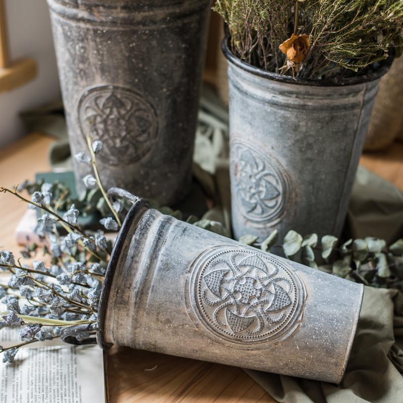 Antique Floral Carving Iron Flower Pot RusticReach metal with embossed motif on Tampa Home & Garden Store