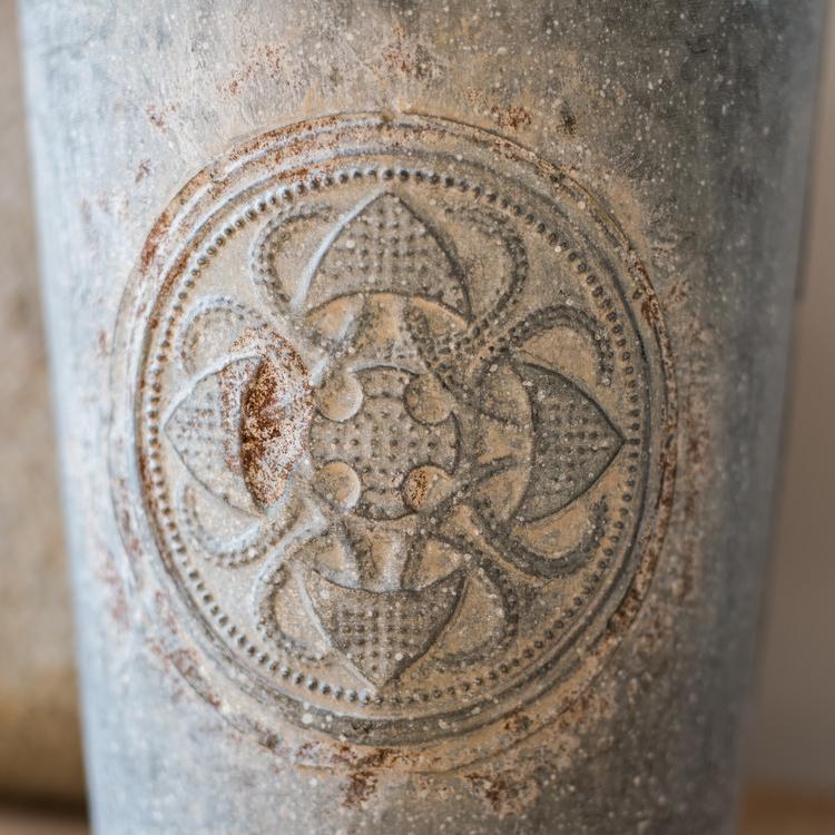 RusticReach antique floral carving iron flower pot with circular embossed medallion on Tampa Home & Garden Store