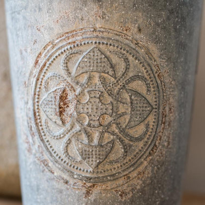 RusticReach antique floral carving iron flower pot with circular embossed medallion on Tampa Home & Garden Store