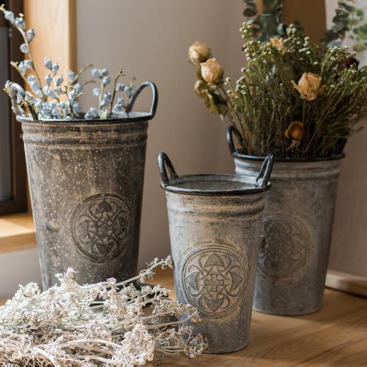 Antique Floral Carving Iron Flower Pot set of 3 in weathered galvanized metal RusticReach on Tampa Home & Garden Store