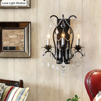 Gold Crystal Candelabra Light wall sconce, black metal frame and crystal drops, candle bulbs on Tampa Home & Garden Store