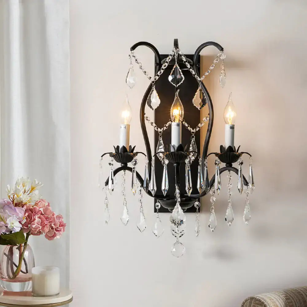 Gold crystal candelabra light, black metal wall sconce with crystal chains, 3 bulbs Decorbites on Tampa Home & Garden Store