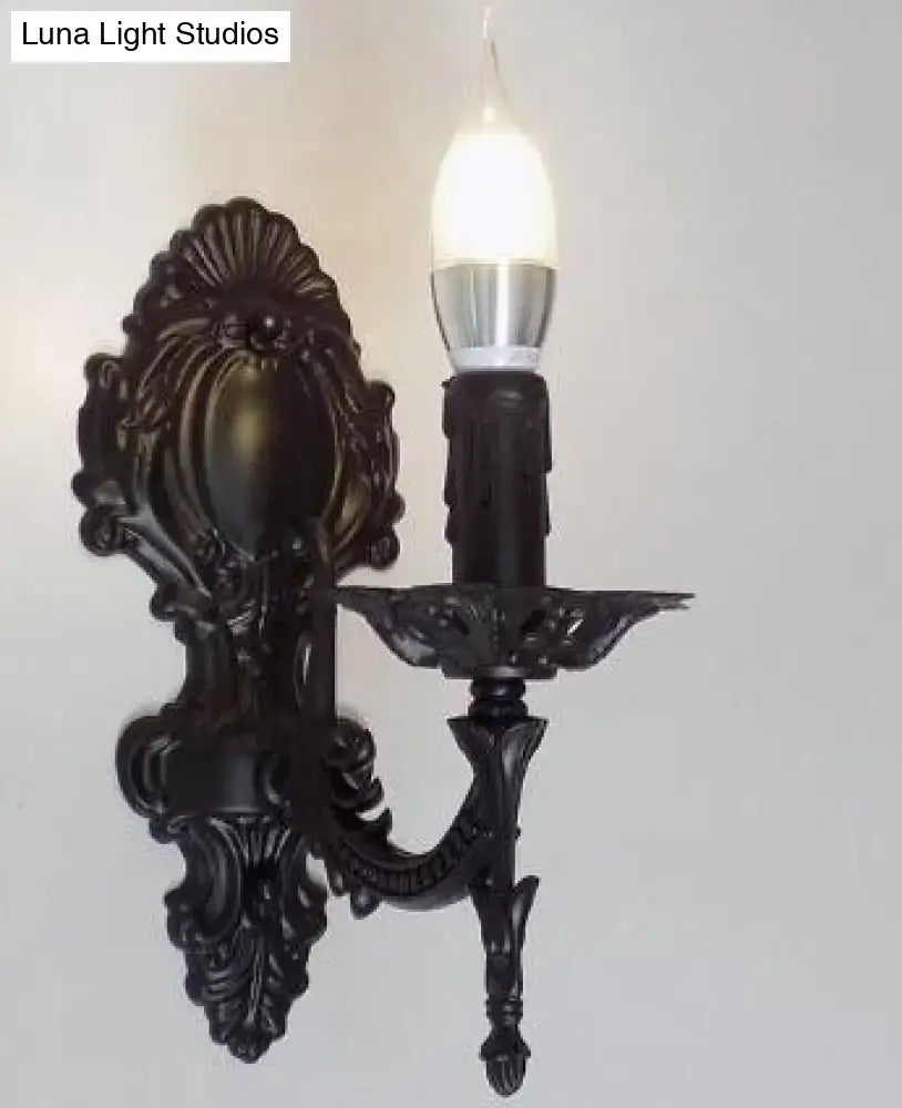 Gold Retro Wall Sconce ornate black metal backplate with candle-style bulb on Tampa Home & Garden Store