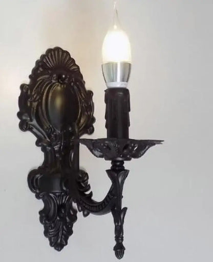 Gold Retro Wall Sconce by Decorbites; black ornate metal wall sconce with candle bulb on Tampa Home & Garden Store