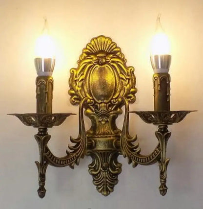 Gold Retro Wall Sconce by Decorbites, antique brass with scrolling arms and candle lights on Tampa Home & Garden Store