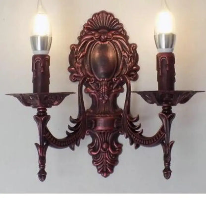 Gold Retro Wall Sconce by Decorbites with ornate backplate and dual candle-arm bulbs on Tampa Home & Garden Store