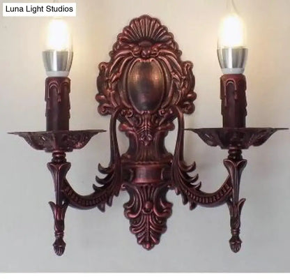 Gold Retro Wall Sconce by Decorbites, ornate bronze finish with dual candle bulbs on Tampa Home & Garden Store