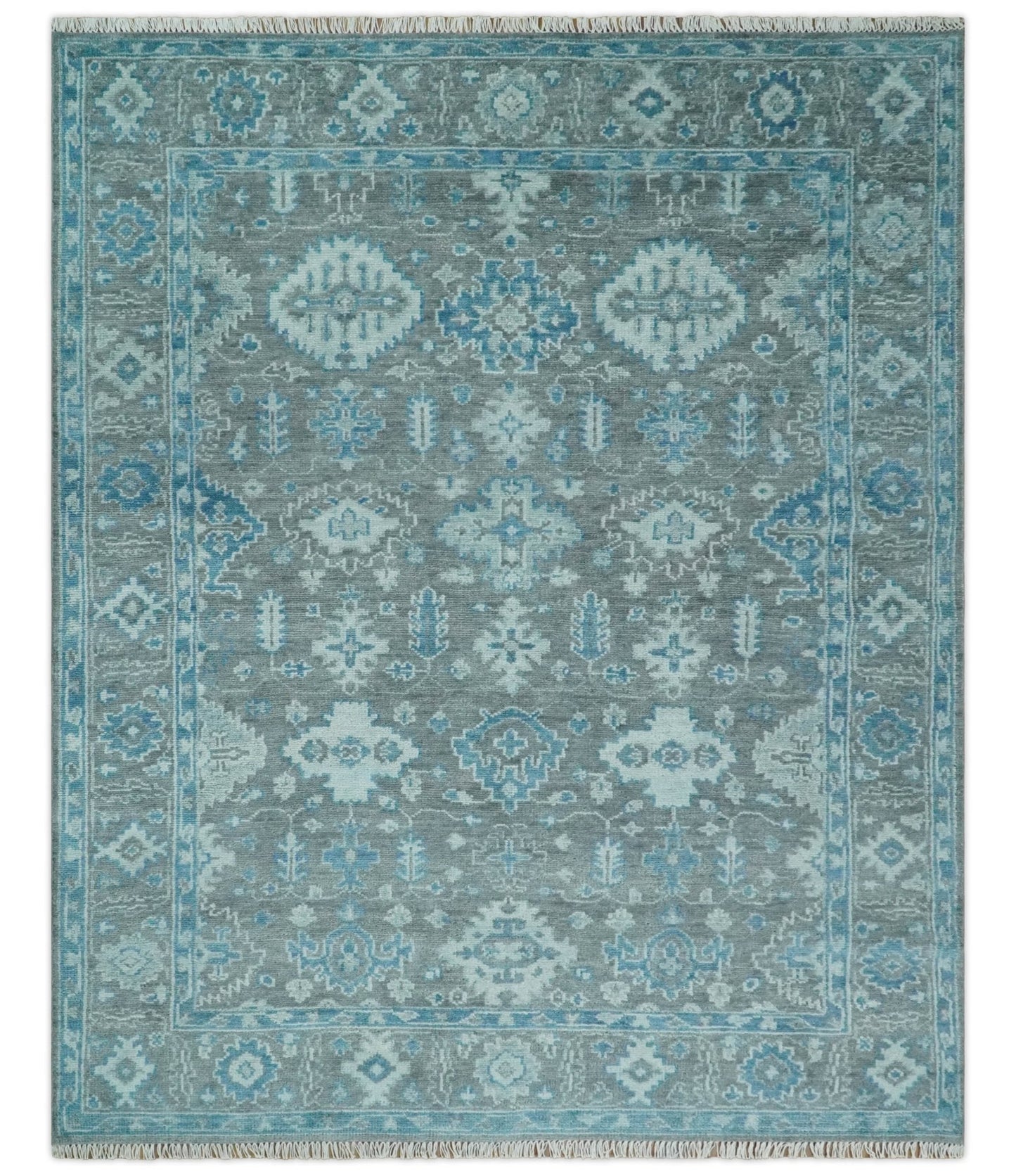 Alfombra de lana turca Oushak de 8 x 10 pulgadas, anudada a mano, en gris y azul antiguo