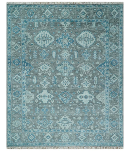 Alfombra de lana turca Oushak de 8 x 10 pulgadas, anudada a mano, en gris y azul antiguo