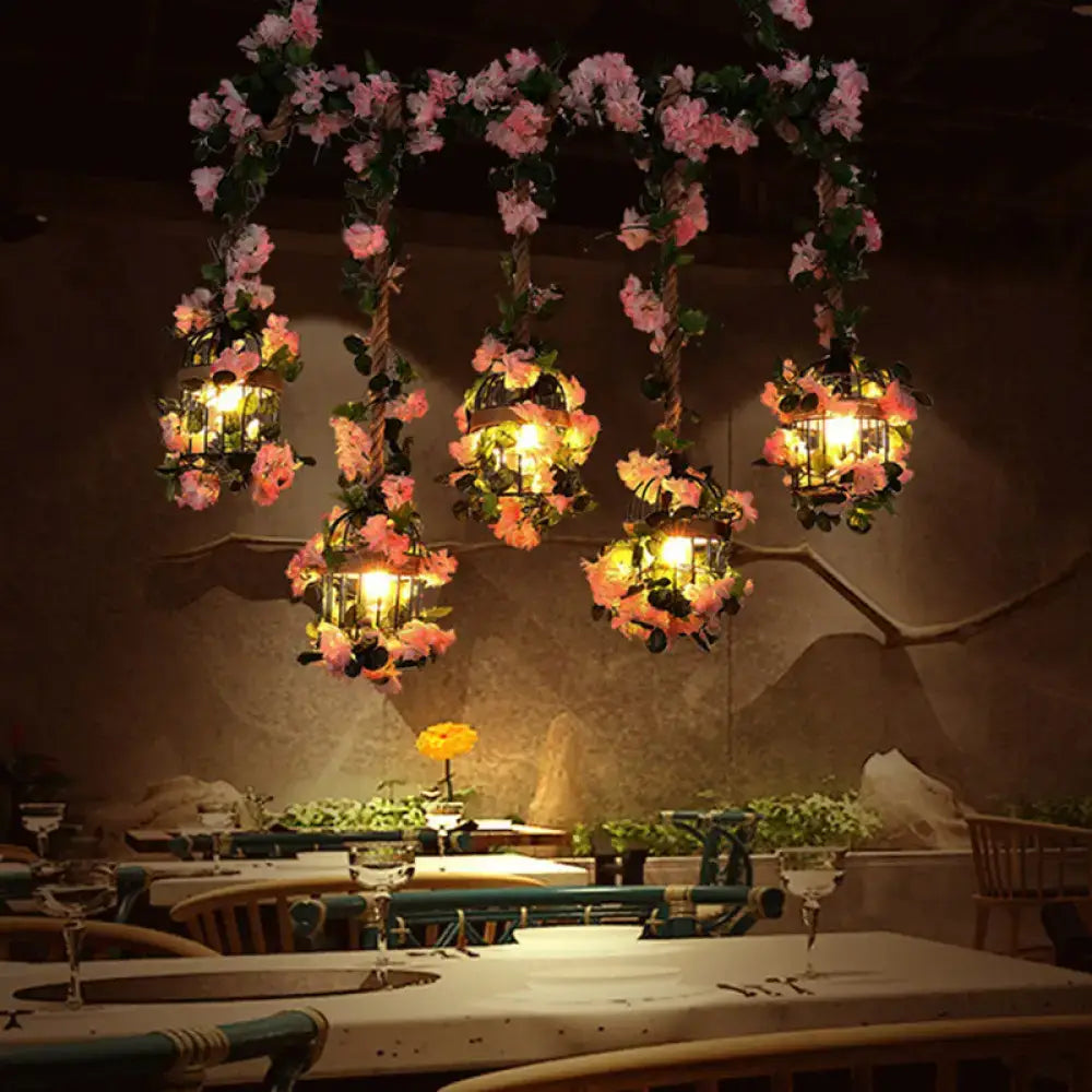 Pink Blossom Ceiling Light flush mount with pink flowers wrapping lanterns and greenery on Tampa Home & Garden Store