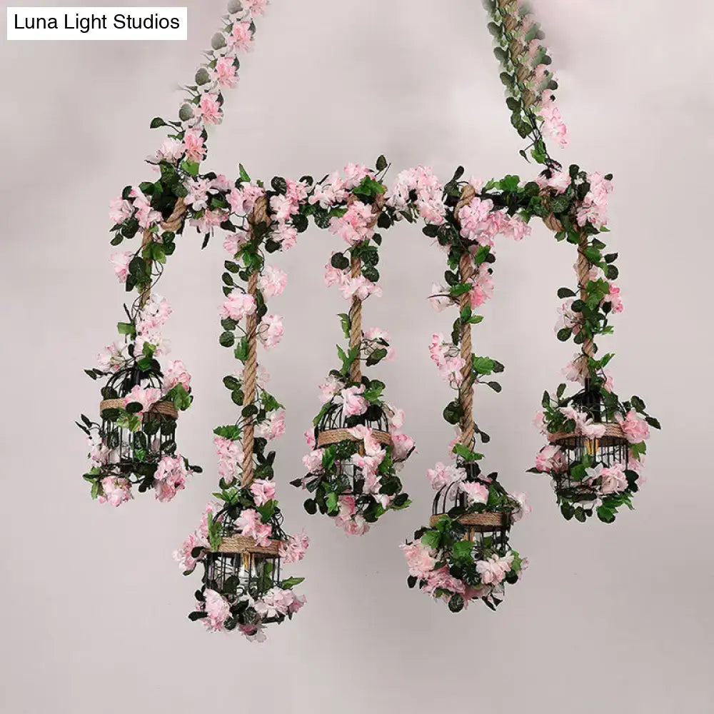 Pink Blossom Ceiling Light with five hanging rope lanterns wrapped in pink blooms on Tampa Home & Garden Store