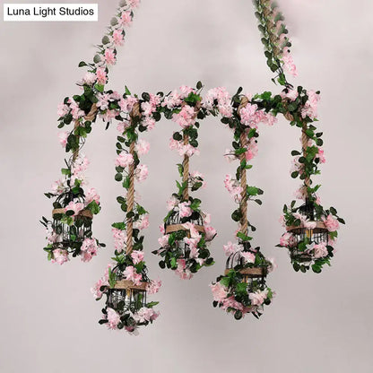 Pink Blossom Ceiling Light with five hanging rope lanterns wrapped in pink blooms on Tampa Home & Garden Store