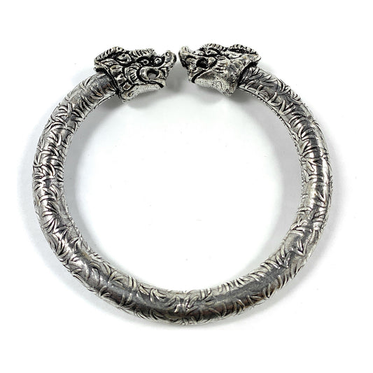 Vibhsa antique Norse bracelet with two lion-head clasps and leaf-pattern band, silver-tone metal on Tampa Home & Garden Store