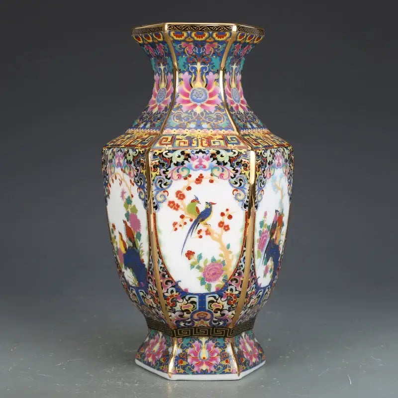 Porcelain Octagonal Vase by Decorbites, multicolor floral and bird motif with gold trim on Tampa Home & Garden Store