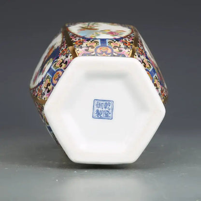 Porcelain Octagonal Vase by Decorbites with cloisonné pattern and gold trim, mark visible on Tampa Home & Garden Store