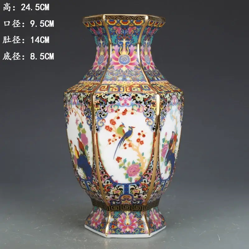 Porcelain Octagonal Vase by Decorbites with colorful floral and bird motifs, gold trim on Tampa Home & Garden Store