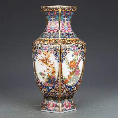 Porcelain Octagonal Vase by Decorbites with vibrant enamel floral panels and gold trim on Tampa Home & Garden Store