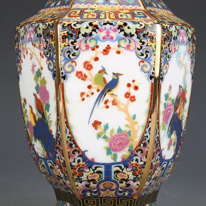Porcelain octagonal vase by Decorbites with colorful floral bird motif and gold trim on Tampa Home & Garden Store
