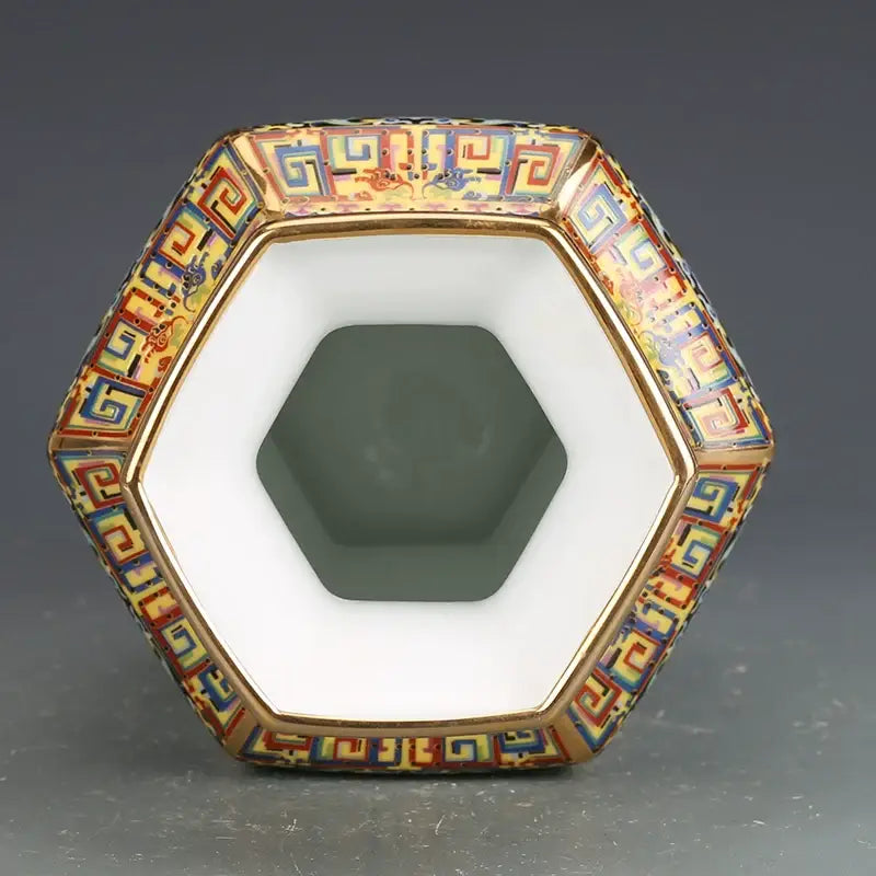 Porcelain Octagonal Vase by Decorbites with colorful geometric border and gold rim on Tampa Home & Garden Store