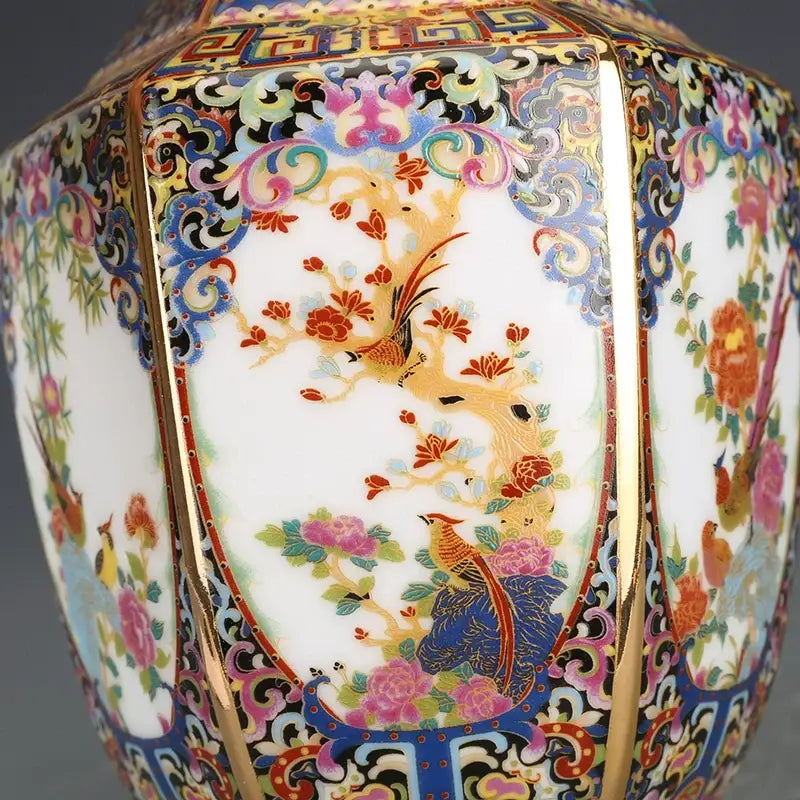 Porcelain octagonal vase Decorbites with bright enamel floral motifs and gold trim white on Tampa Home & Garden Store