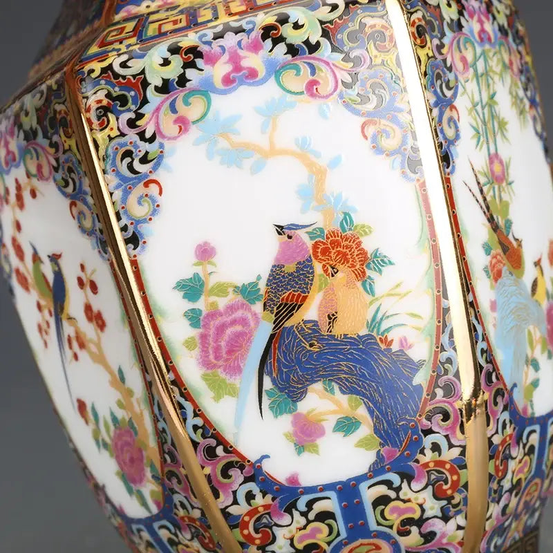 Decorbites porcelain octagonal vase with vivid bird and flower scene, gold trim border on Tampa Home & Garden Store