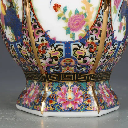 Porcelain octagonal vase with vibrant cloisonne floral patterns, gold trim, Decorbites on Tampa Home & Garden Store
