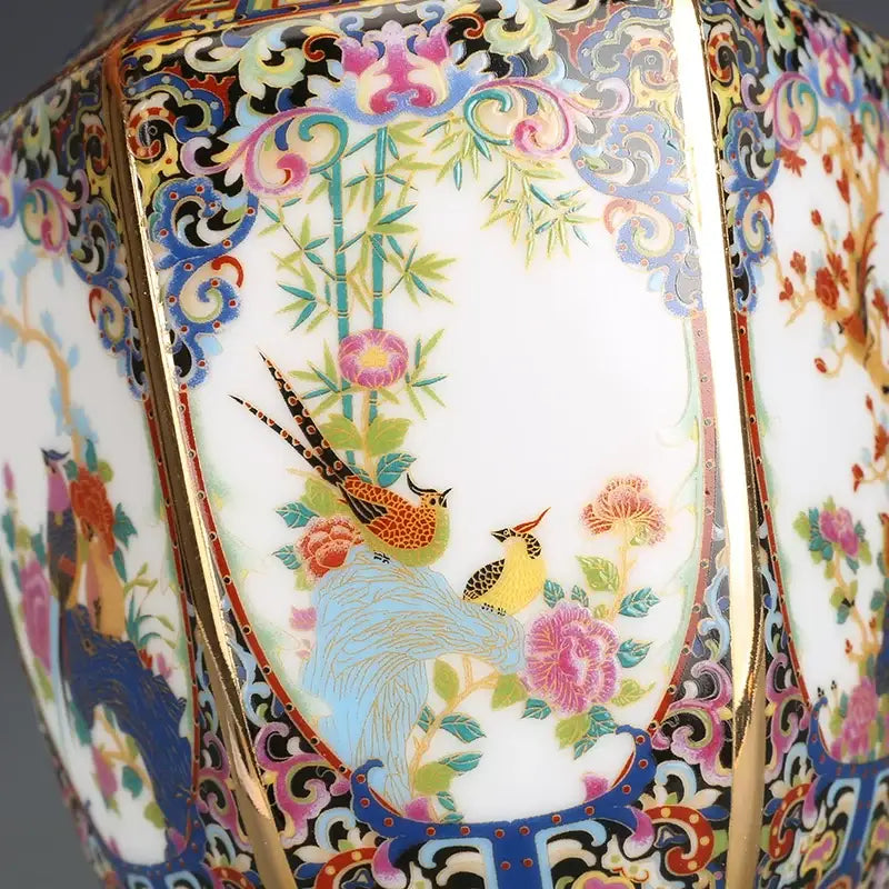 Porcelain Octagonal Vase by Decorbites with vibrant birds and floral panels, gold trim on Tampa Home & Garden Store
