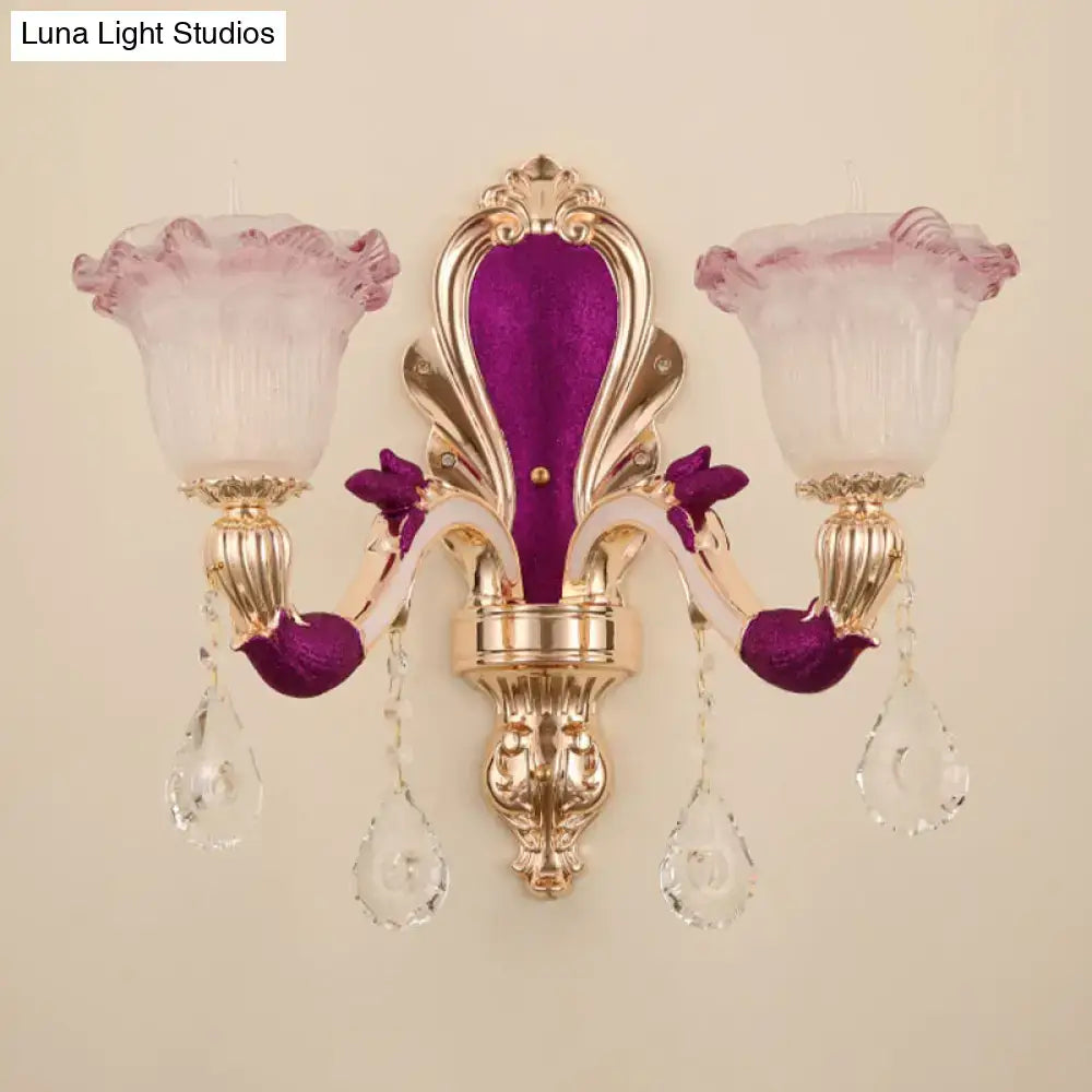 Gold double-head sconce with purple velvet backplate, crystal drops by Decorbites on Tampa Home & Garden Store