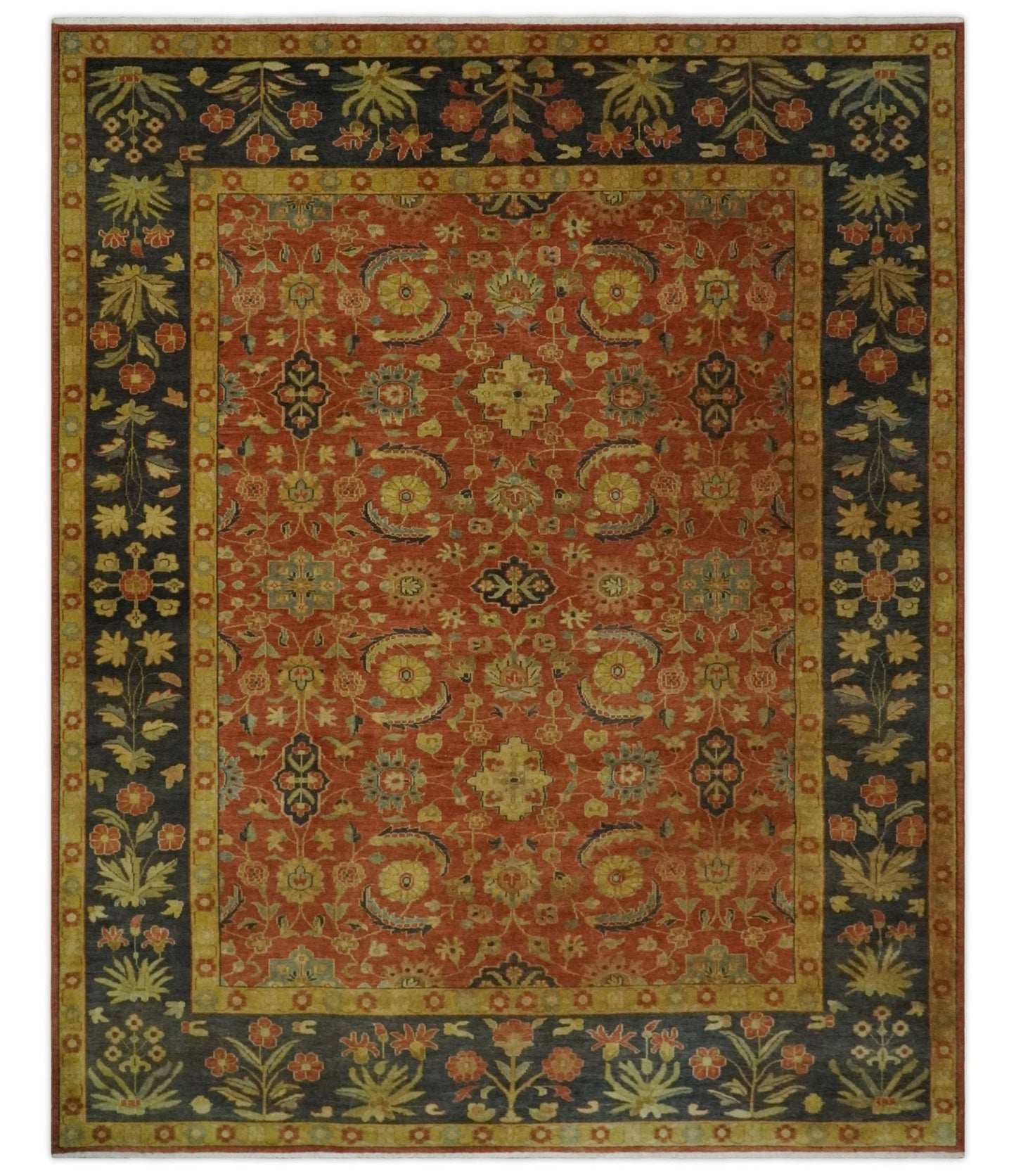 Alfombra tradicional turca de lana Serapi, estilo antiguo, de 8 x 10 pulgadas, anudada a mano en tonos óxido, negro y dorado.
