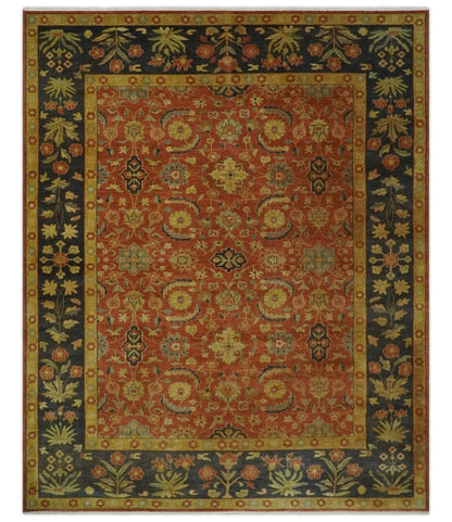 Alfombra tradicional turca de lana Serapi, estilo antiguo, de 8 x 10 pulgadas, anudada a mano en tonos óxido, negro y dorado.