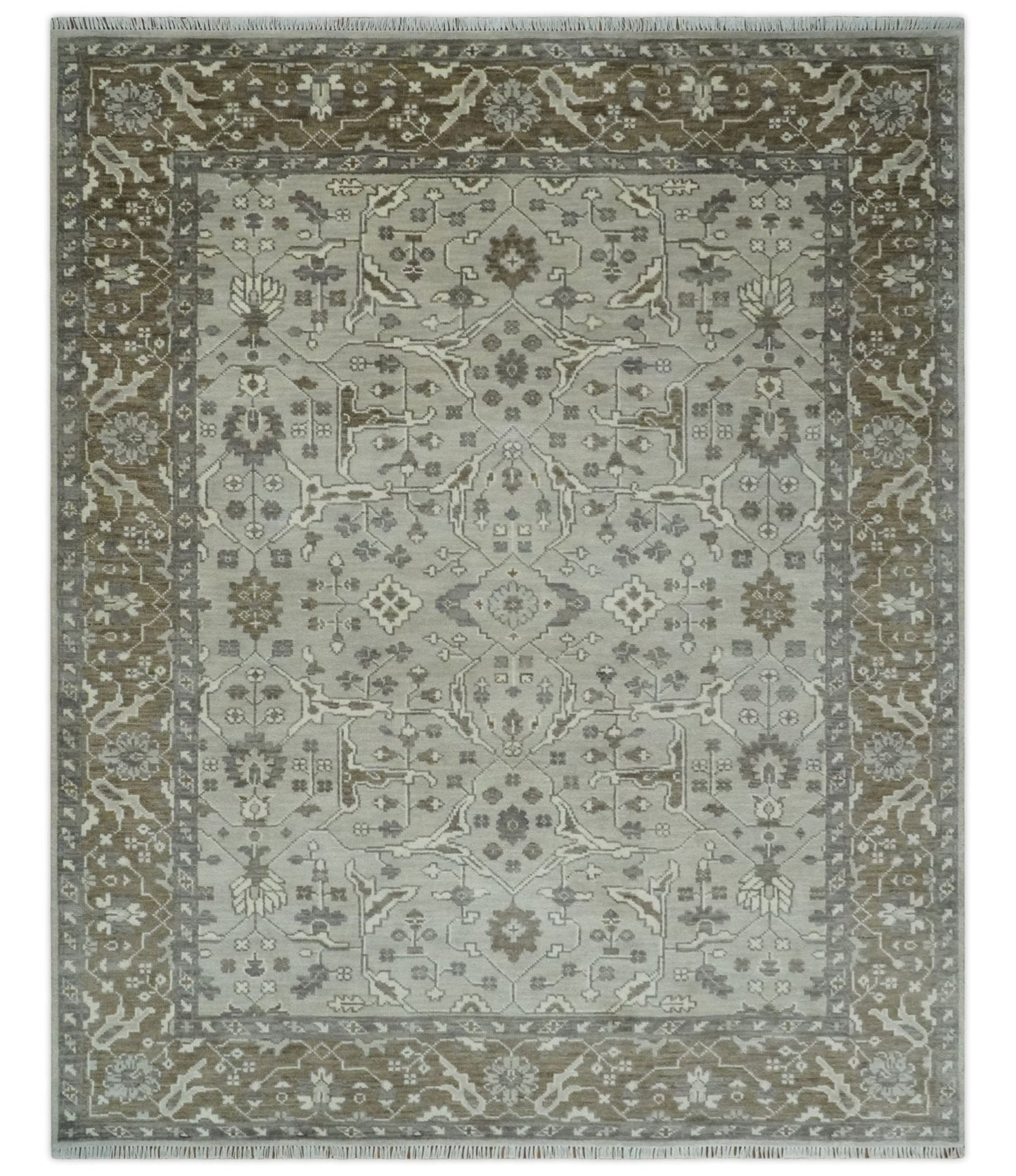 Alfombra Oushak de lana de estilo antiguo, tradicional, color plata y oliva, de estilo oriental, de 8 x 10 pulgadas