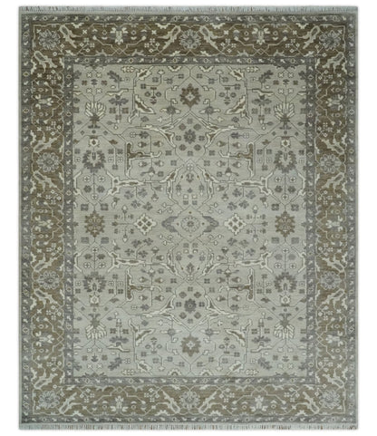 Alfombra Oushak de lana de estilo antiguo, tradicional, color plata y oliva, de estilo oriental, de 8 x 10 pulgadas