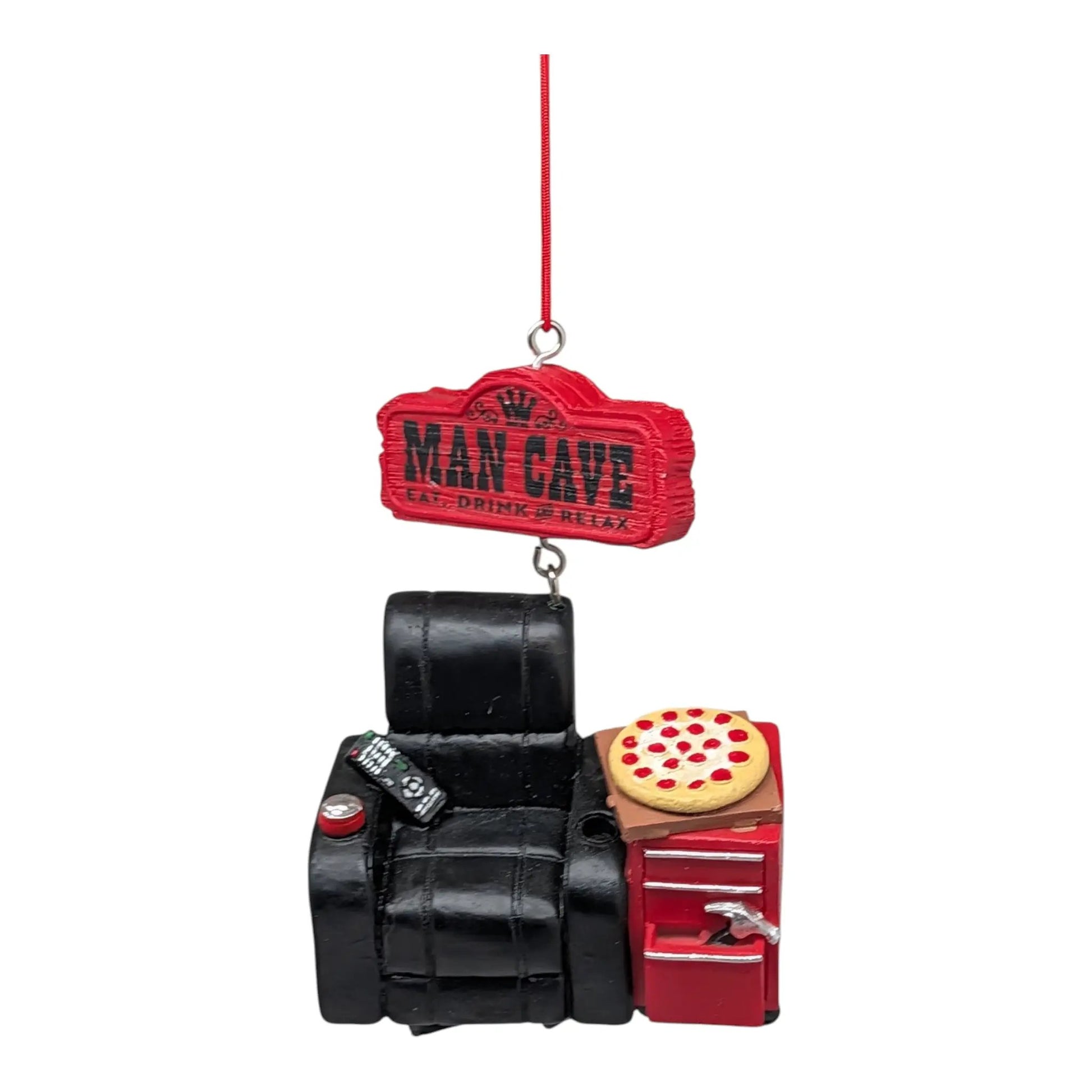 Man Cave Chair Ornament Eat and Relax red and black stack with pizza accessory hanging ribbon on Tampa Home & Garden Store