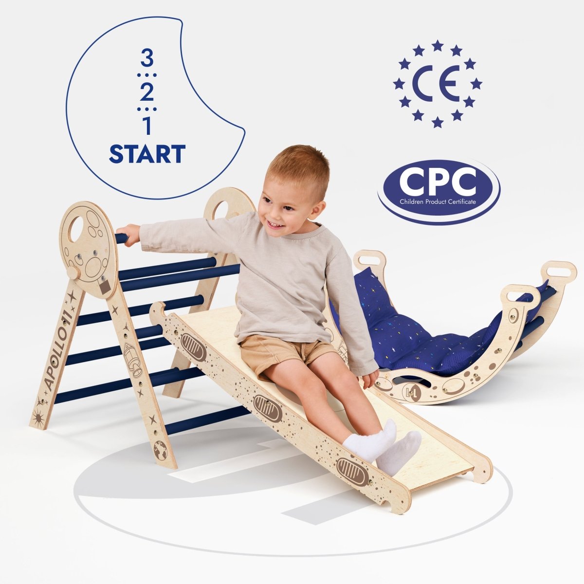 Goodevas Apollo 4in1 climbing set: wooden Pikler with blue rails for toddlers 1–3 on Tampa Home & Garden Store