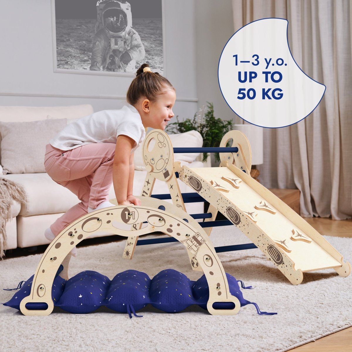 Goodevas Apollo 4in1 climbing set Pikler triangle arch slide board and blue cushions on Tampa Home & Garden Store