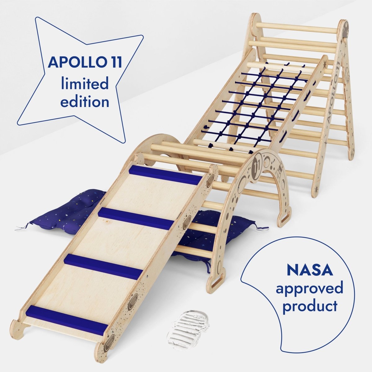Goodevas Apollo 5in1 climbing set in natural wood with blue accents: Pikler triangle, rope net on Tampa Home & Garden Store