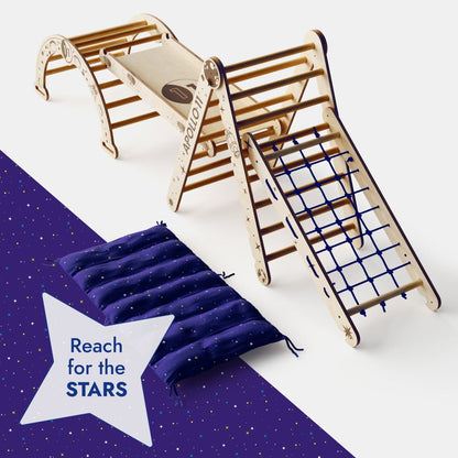 Goodevas Apollo 5in1 Climbing Set Pikler triangle with net, arch, slide board and cushion on Tampa Home & Garden Store