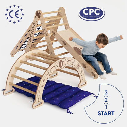 Goodevas Apollo 5in1 wooden climbing set with Pikler triangle arch and slide board blue cushion on Tampa Home & Garden Store