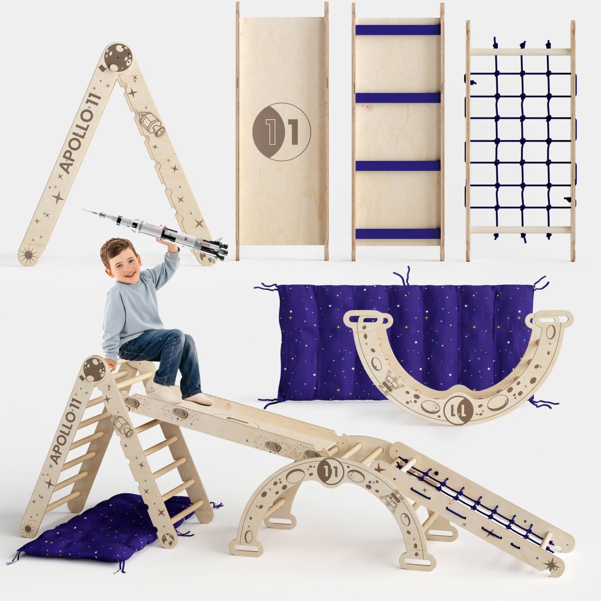 Goodevas Apollo 5in1 wooden climbing set with Pikler triangle, slide, arch, net and cushion on Tampa Home & Garden Store