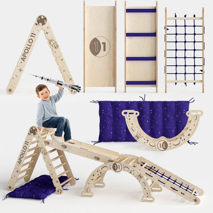 Goodevas Apollo 5in1 wooden climbing set with Pikler triangle, slide, arch, net and cushion on Tampa Home & Garden Store
