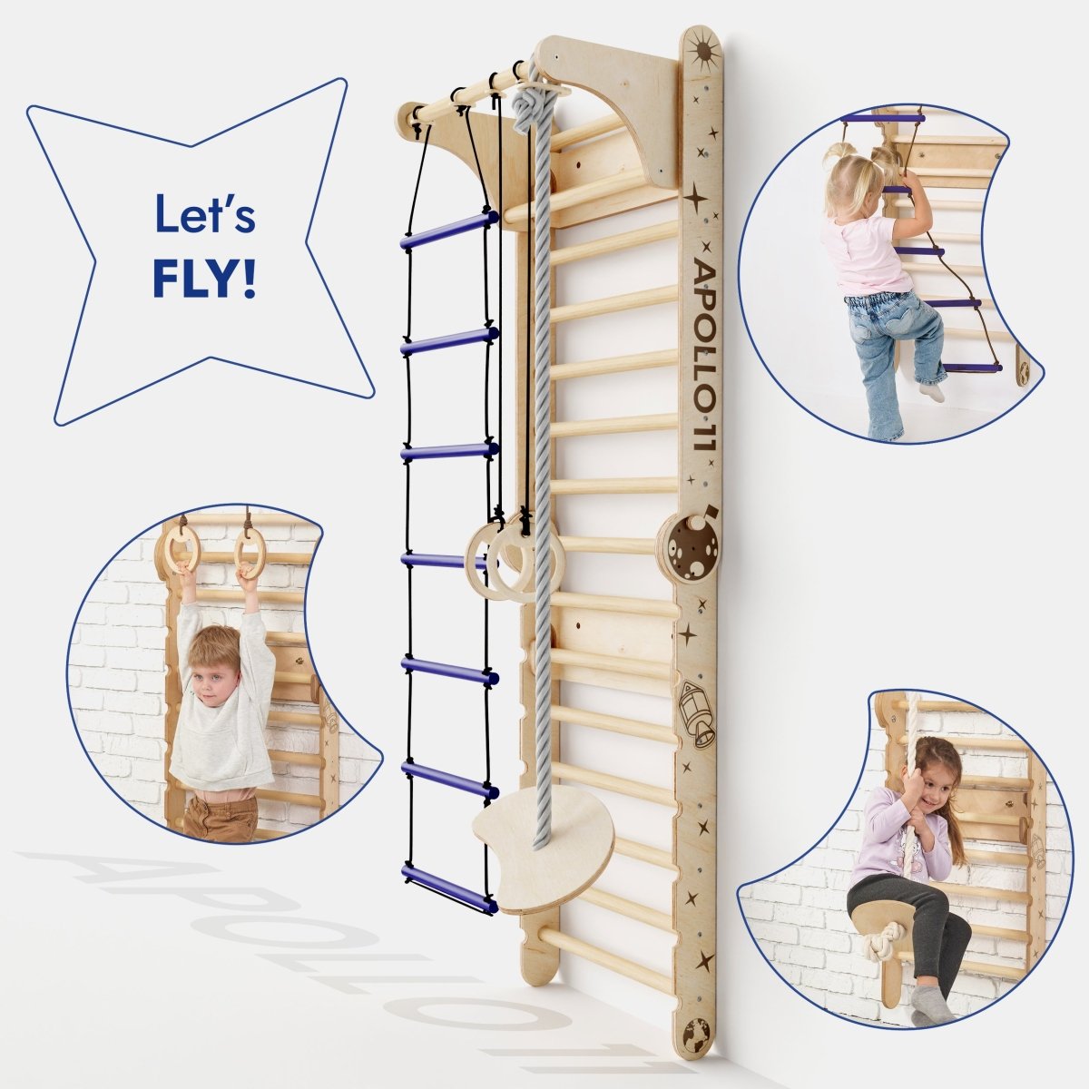 Goodevas Apollo Swedish Wall climbing ladder with rope, rings and moon swing board for kids on Tampa Home & Garden Store